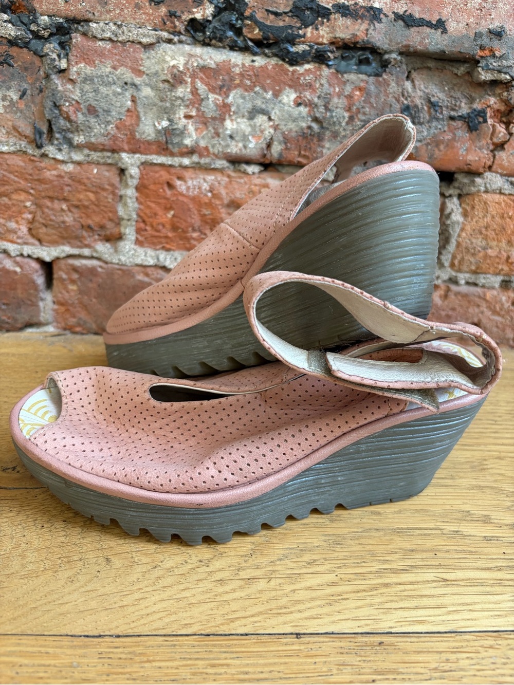 Fly London Dusty Rose Pink Perforated Leather Wedge Sandals